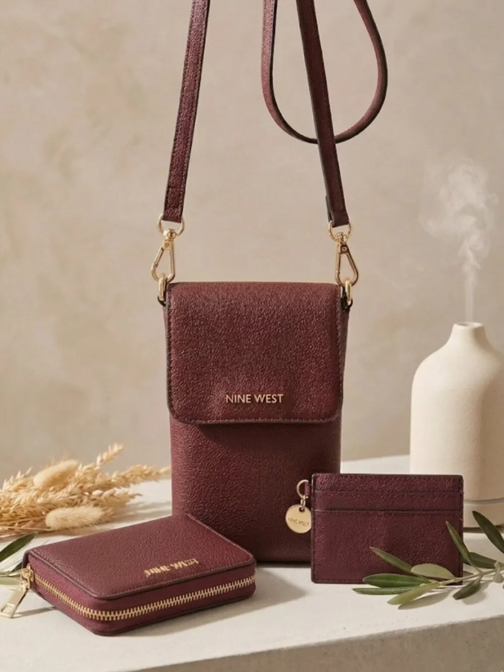 Nine West 3pc Set Burgundy Pebbled Phone Crossbody Wallet Card Case NEW - Picture 1 of 13